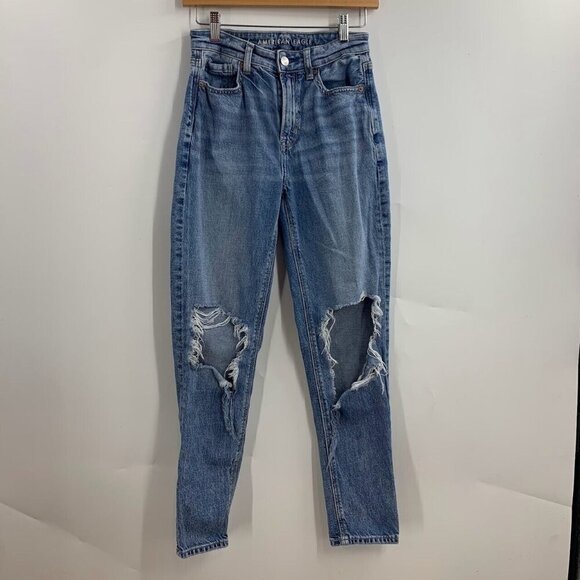 American Eagle Women's Strigid Ripped Distressed Mom Jean in Blown Out Blue SZ 0 - Picture 1 of 15